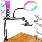BROLAVIYA® Overhead Video Mobile Stand, Crystal 3D LED 10 Inch RGB Ring Light, 2 Way Base Clamp, 1/4