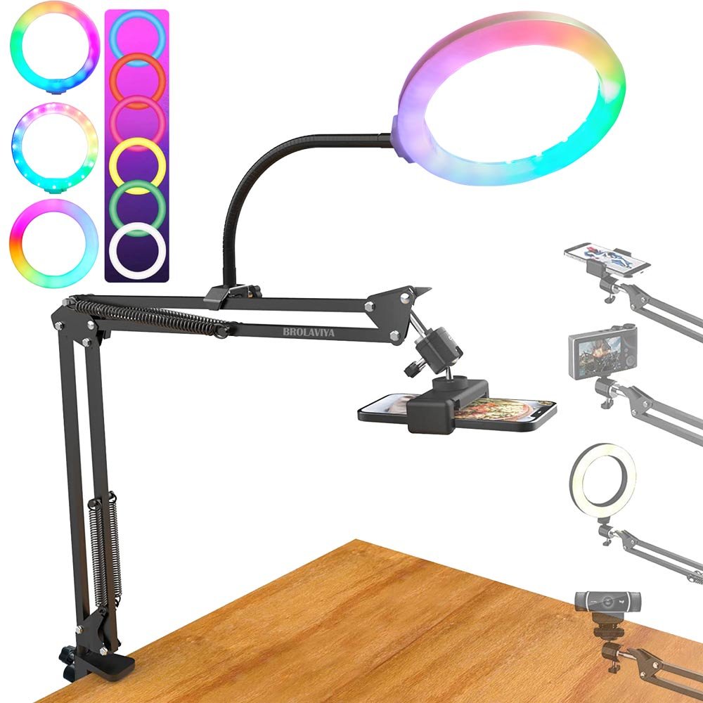 BROLAVIYA® Overhead Video Mobile Stand, Crystal 3D LED 10 Inch RGB Ring Light, 2 Way Base Clamp, 1/4