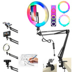 BROLAVIYA® Overhead Video Mobile Stand, New Crystal 3D LED 10 Inch RGB Ring Light, 2 Way Base Clamp,