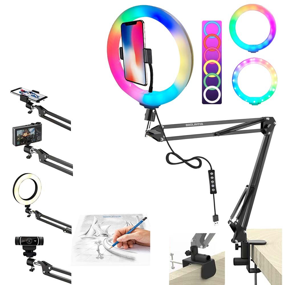 BROLAVIYA® Overhead Video Mobile Stand, New Crystal 3D LED 10 Inch RGB Ring Light, 2 Way Base Clamp,