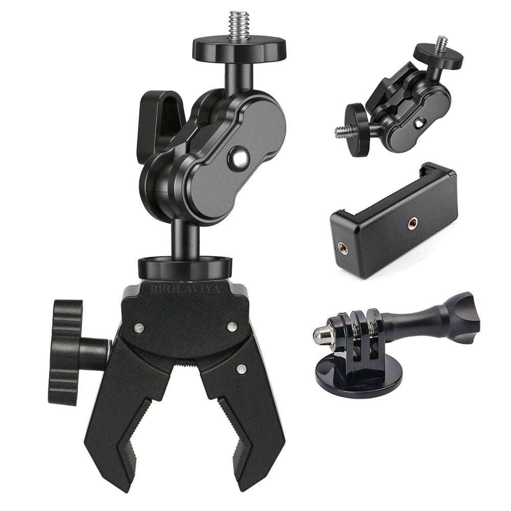 BROLAVIYA® Super Clamp with Dual Ball Head Magic Arm, Mobile Bracket with 1/4 Threads, for Desk Trip