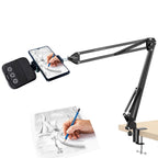 BROLAVIYA® Overhead Video Mobile Stand with Rechargeble RGB LED Video Light, Metal Long Arm, 1/4" Ba