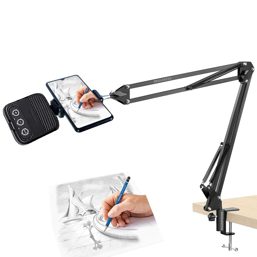 BROLAVIYA® Overhead Video Mobile Stand with Rechargeble RGB LED Video Light, Metal Long Arm, 1/4" Ba