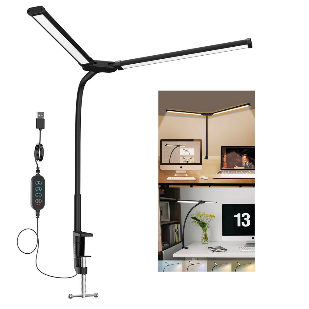 BROLAVIYA® Overhead LED 2 Head Dimmable Desk Lamp Light with Multi-Angle Rotation, 3 Lighting Modes 