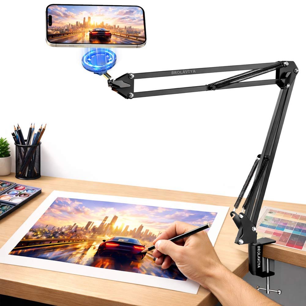 BROLAVIYA® Ovehead Magnetic Phone Holder with Adjustable Clamp Arm | Hands-Free Bed, Desk & Table Mo