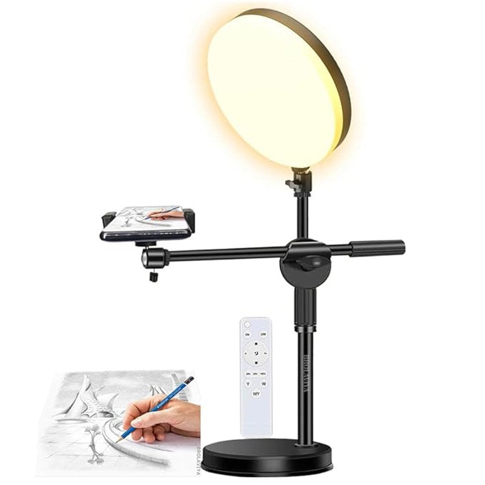BROLAVIYA® Overhead Video Floor Stand with Full-Screen Fill 10" Ring Light with Remote, Metal Flexib