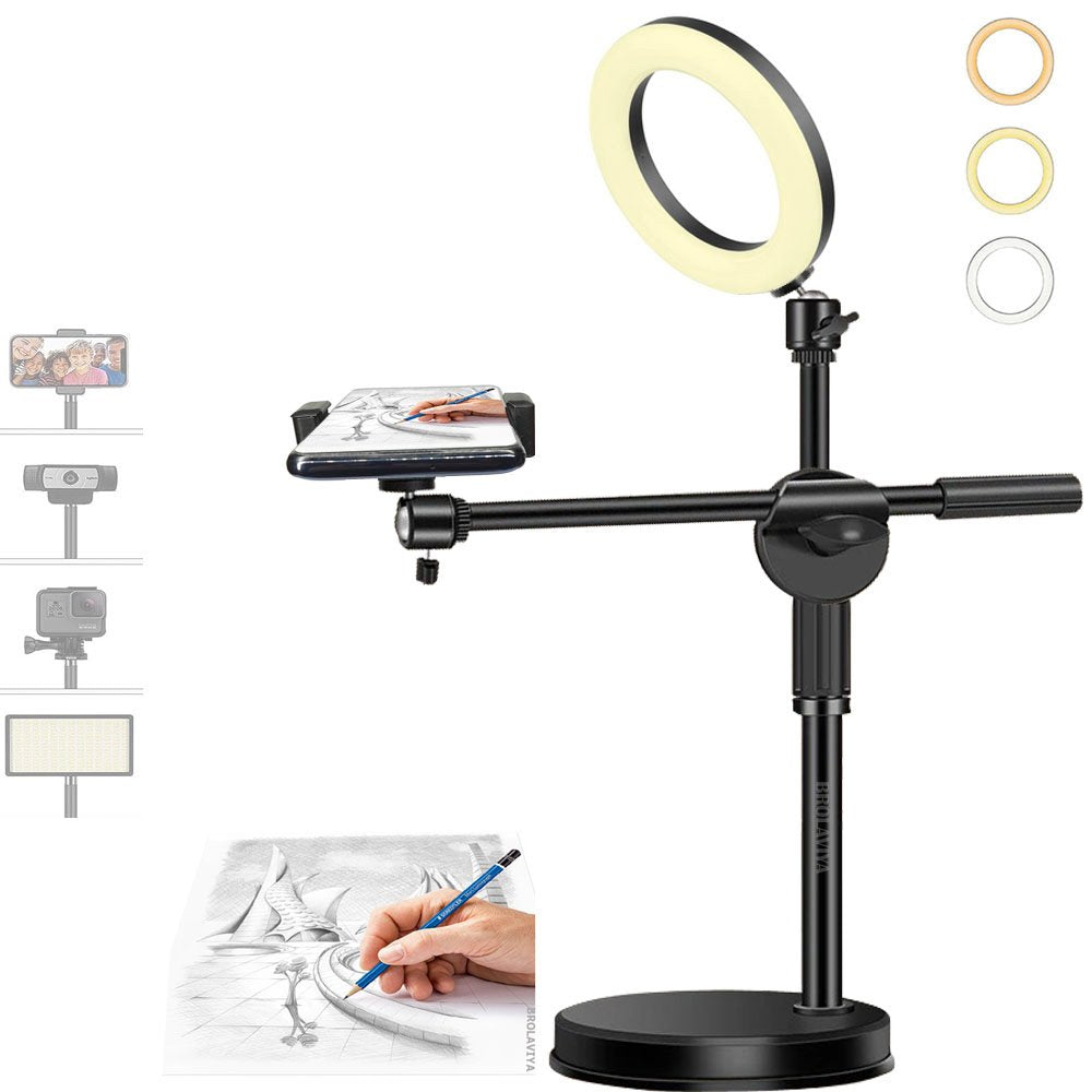 BROLAVIYA® Overhead Video Stand with 6 Inch Ring Light, Metal Rod, 1/4" Ball Head For Camera, Webcam