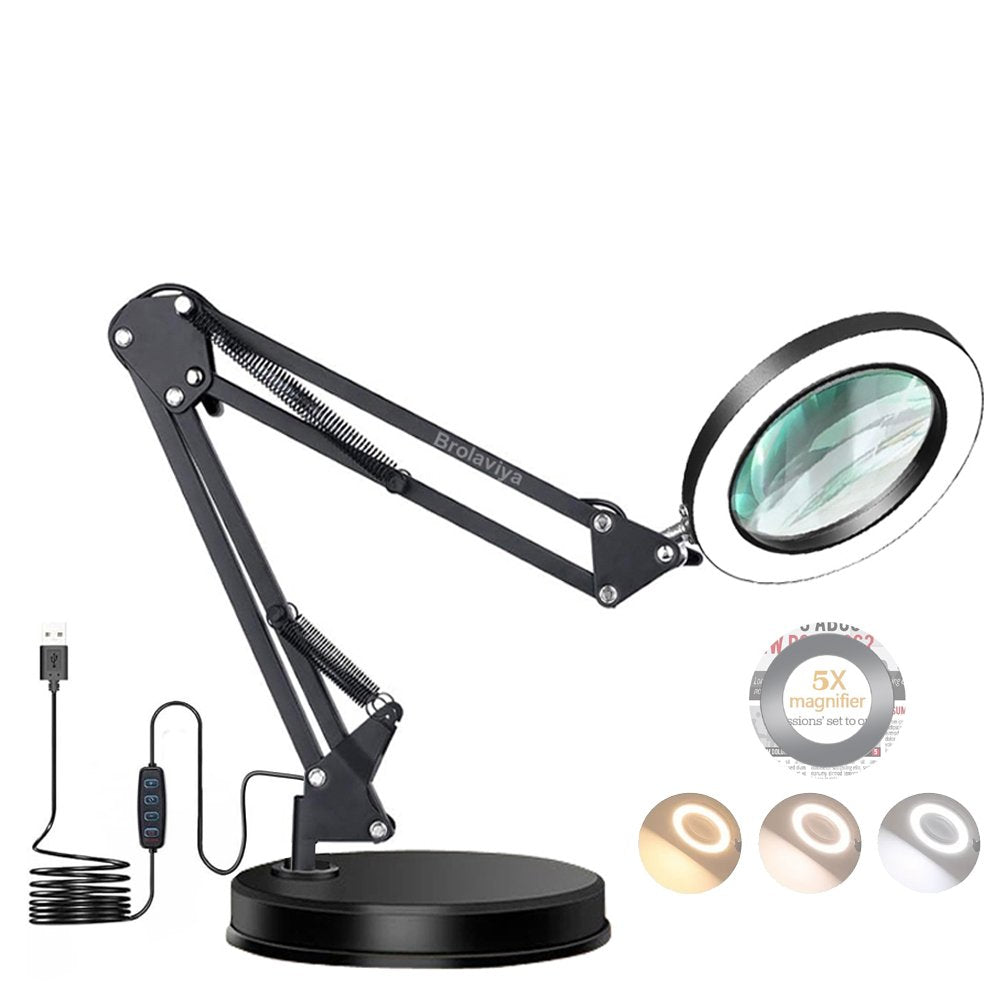 BROLAVIYA® Overhead Heavy Base 5X Magnifying Glass with LED Light and Stand, 3 Color Modes Dimmable,
