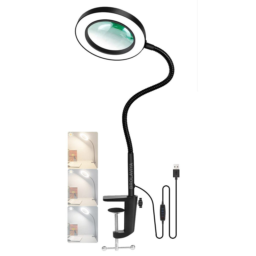 BROLAVIYA® Overhead 5X Magnifying Glass with LED Light and Stand, 3 Color Modes Dimmable, Flexible H
