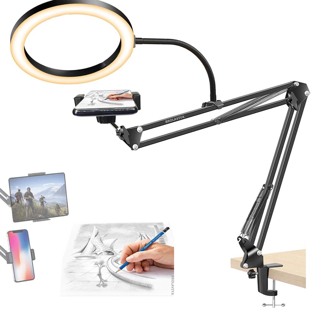 BROLAVIYA® Overhead Video Stand with 10 Inch Ring Light, Metal Arm Body, 1/4" Ball Head For Camera, 