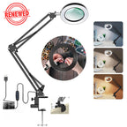 (Renewed) BROLAVIYA® 5X Magnifying Glass with LED Light and Stand, 3 Color Modes Dimmable, Adjustable Swivel Metal Arm, Large 2 Way Base Clamp, Magnifier Desk Lamp for Close Work, Repair, Crafts, Reading