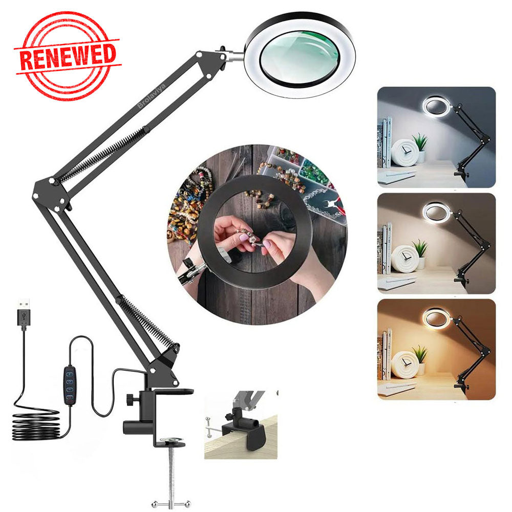 (Renewed) BROLAVIYA® 5X Magnifying Glass with LED Light and Stand, 3 Color Modes Dimmable, Adjustable Swivel Metal Arm, Large 2 Way Base Clamp, Magnifier Desk Lamp for Close Work, Repair, Crafts, Reading