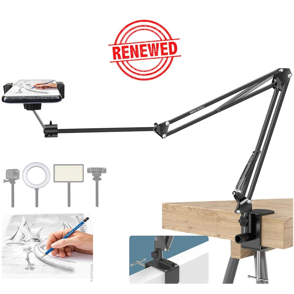 (Renewed) BROLAVIYA® Overhead Video Mobile Stand, New Extra Long Arm, 1/4" Head 2 Way Base Clamp and