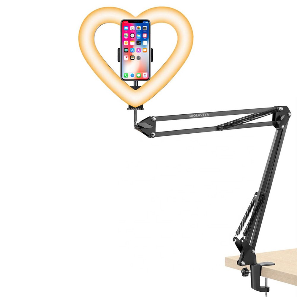 BROLAVIYA® Overhead Video Mobile Stand with Heart Shape 26cm Ring LED Light, Metal Arm, 1/4" Male Ad