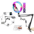 BROLAVIYA® Overhead Video Mobile Stand With RGB Color 10 Inch Ring Light, Metal Arm, 1/4" Male Adapt