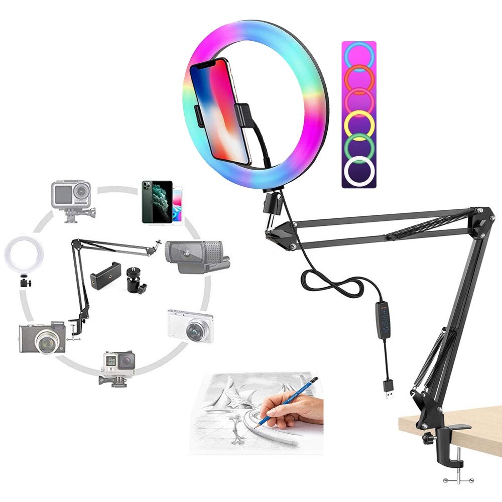 BROLAVIYA® Overhead Video Mobile Stand With RGB Color 10 Inch Ring Light, Metal Arm, 1/4" Male Adapt