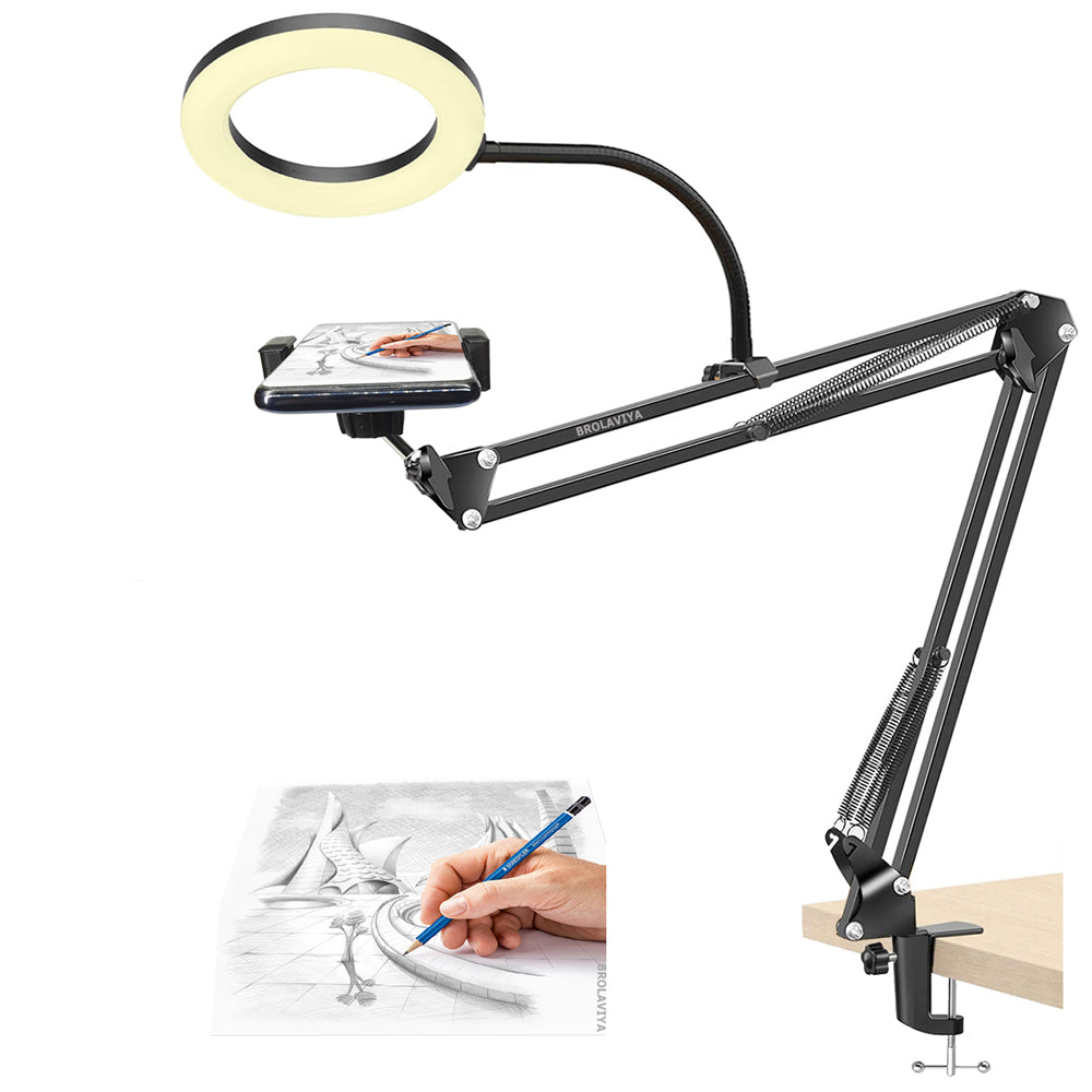 BROLAVIYA® Overhead Video Stand with 6-inch Ring Light, Metal Arm Body, 1/4" Ball Head for Camera, Webcam With Bracket For Mobile, Overhead Video, Desktop, Bedroom, Office