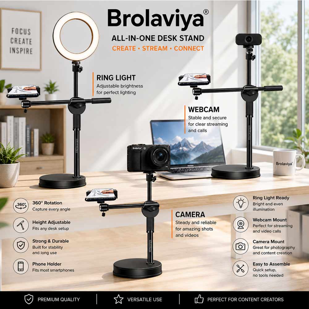 BROLAVIYA® Overhead Phone Stand with LED Fill Slab Light, 360° Rotating Phone Holder, Desk Stand for Reading, YouTube, Reels, Cooking Videos, Recording & Content Creation