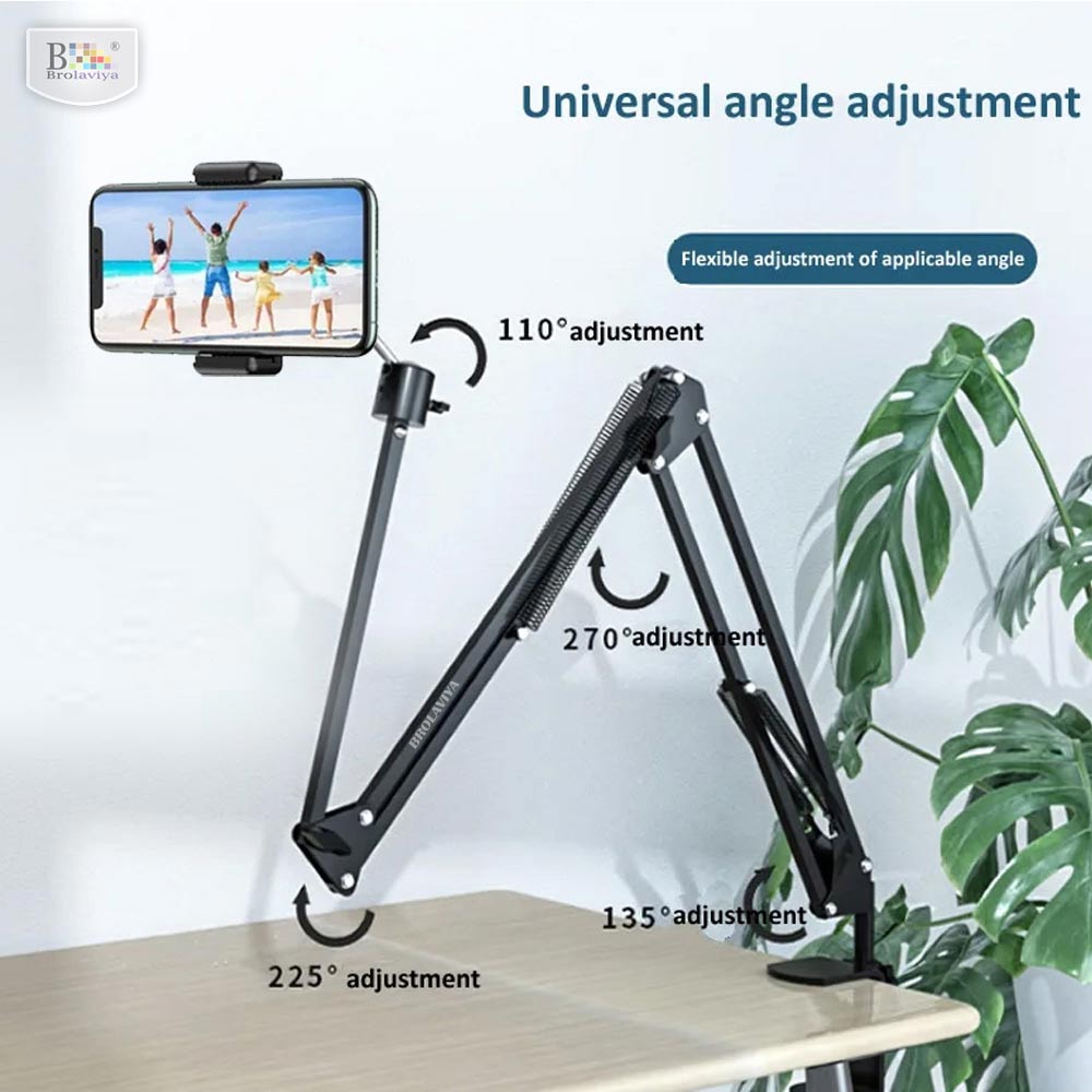 BROLAVIYA® No Shadow Overhead Video Mobile Stand, Extra Long Metal Arm, 10 inch Selfie Ring Light, Flexible Wire, 2-Way Base Clip, 1/4" Head for Camera, GoPro, for Desktop, Bedroom, Office