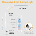 BROLAVIYA® Overhead Flexible LED Desk Lamp with Clamp, 3 Modes, 10 Brightness, Eye-Caring, Long Flexible Gooseneck, for Home, Office, Desktop, Bedroom, Reading, White