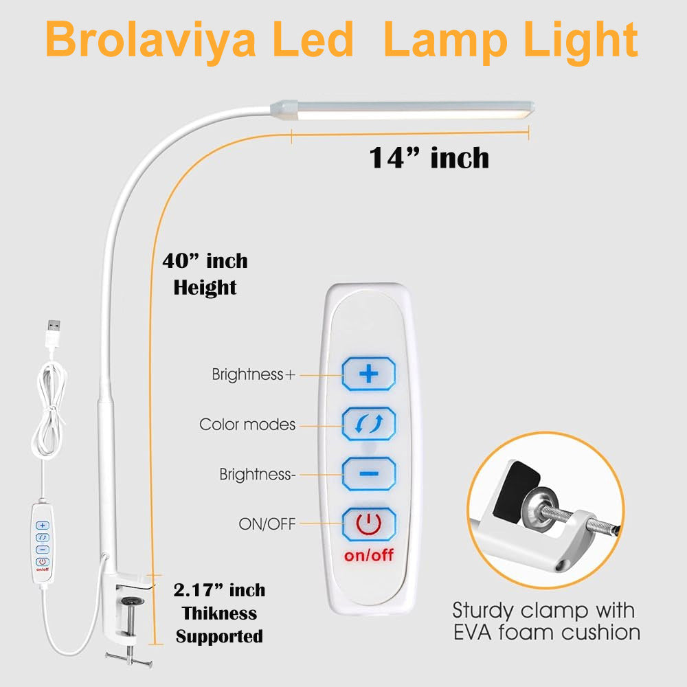 BROLAVIYA® Overhead Flexible LED Desk Lamp with Clamp, 3 Modes, 10 Brightness, Eye-Caring, Long Flexible Gooseneck, for Home, Office, Desktop, Bedroom, Reading, White
