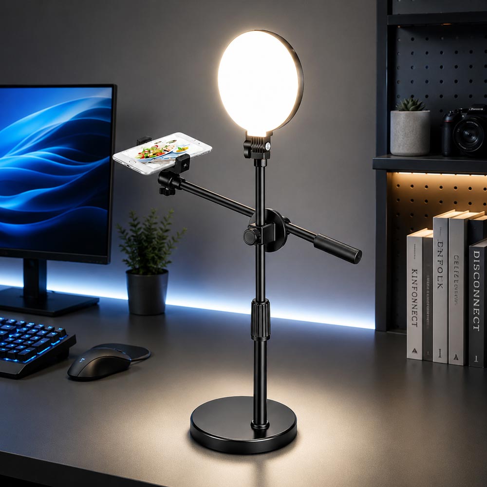 BROLAVIYA® LED 6 inch Fill Light Phone Overhead Stand for Video Recording | Adjustable Height & 360° Rotation | Mobile Holder with 3 Color Modes & 10 Brightness Levels | Desk Stand for Cooking, Live Streaming, Online Classes & Content Creation
