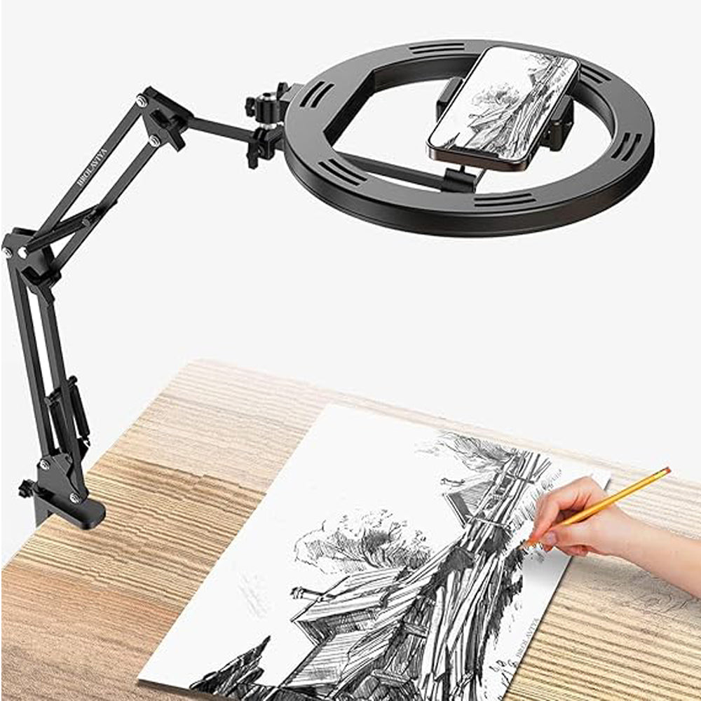 BROLAVIYA® No Shadow Overhead Video Mobile Stand with Extra Long Metal Arm, 10 inch Selfie Ring Light, 2 Way Base Clamp 1/4" Adaptor for Camera, GoPro and Mobile Bracket for Desktop, Bedroom, Office