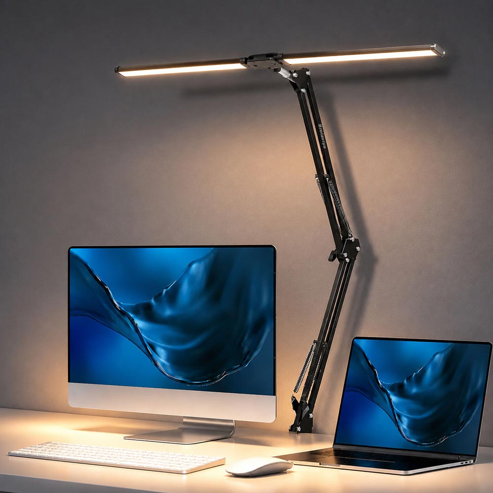 BROLAVIYA® Architect Double Head LED Desk Lamp Overhead Light, 3 Color Mode, 10 Levels Dimmable Brightness, Metal Body, Eye Protection Desk Light for Office, Study, Reading, Computer Workstation