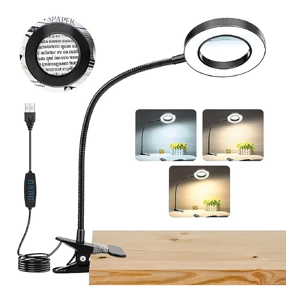 BROLAVIYA® Overhead 5X Magnifying Glass with 12cm Led Light, 3 Color Modes Dimmable, Flexible Hose Metal Arm, Magnifier Desk Lamp for Crafts, Makeup, Reading, Photography – Black