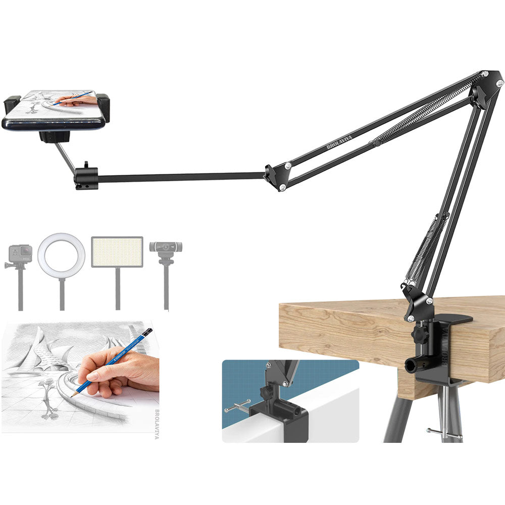 BROLAVIYA® Overhead Video Mobile Stand, New Extra Long Arm, 1/4" Head 2 Way Base Clamp and Bracket for Mobile Phone For Overhead Video, Desktop, Bedroom, Office, Black