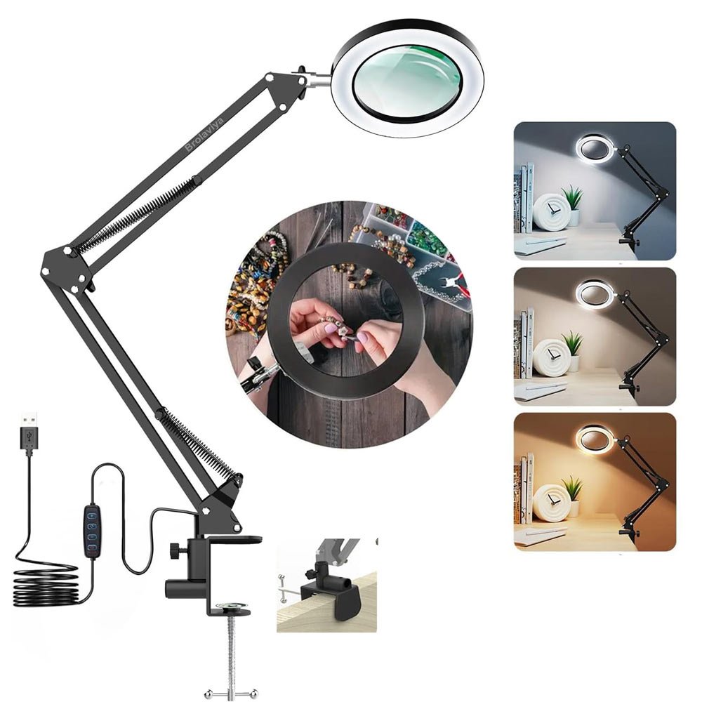 BROLAVIYA® 5X Magnifying Glass with LED Light and Stand, 3 Color Modes Dimmable, Adjustable Swivel M
