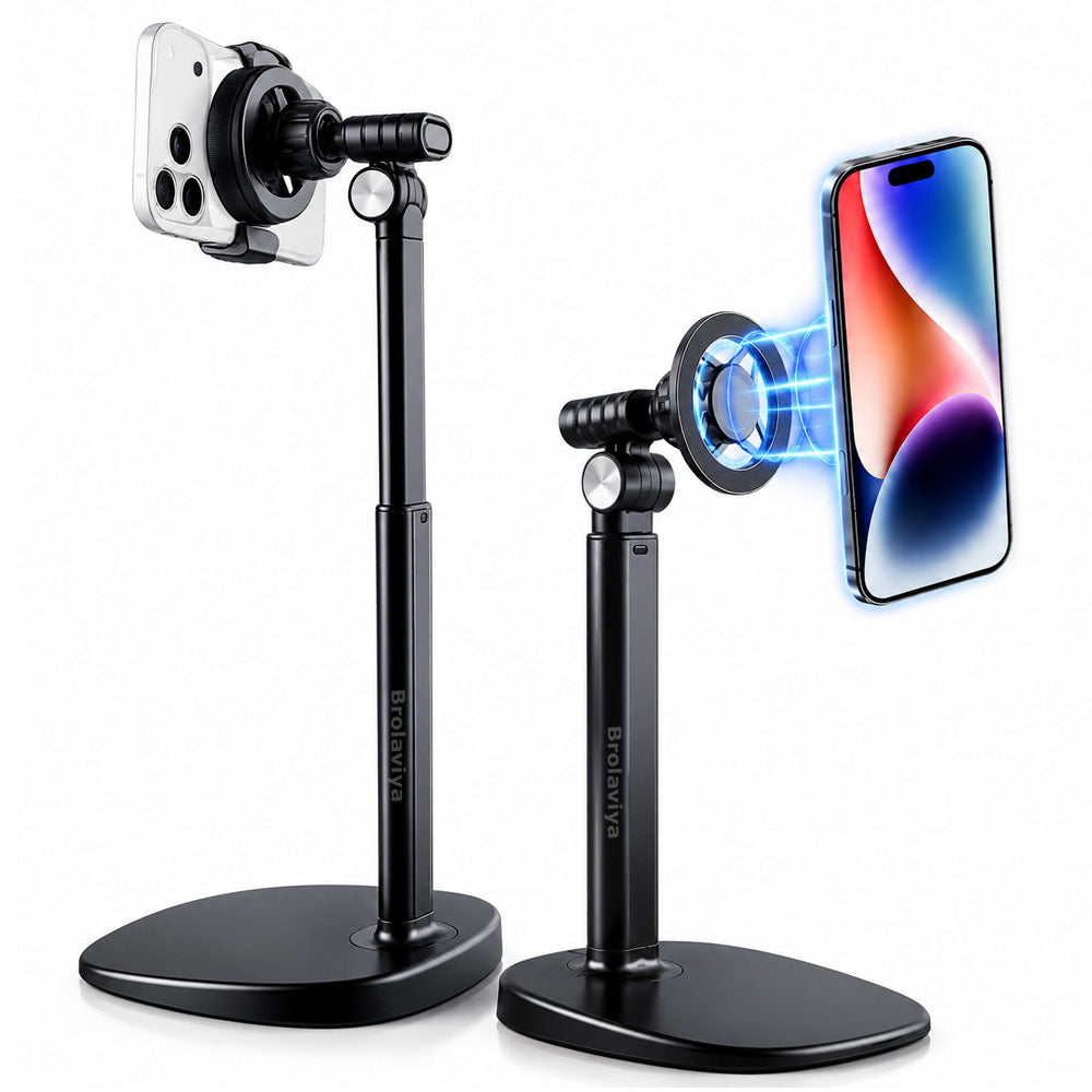 BROLAVIYA® 2-in-1 Magnetic & Clip Phone Stand for Desk, Adjustable Height Mobile Holder, MagSafe-Compatible Mount with Phone Clamp, 360° Rotation for Live Streaming, Recording, Video Calls & Cooking