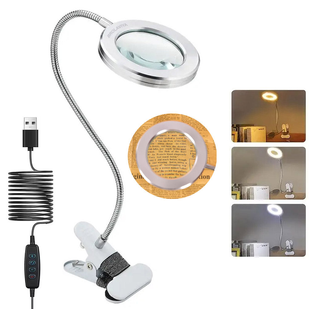 BROLAVIYA® Overhead 5X Magnifying Glass with 12cm LED Light, 3 Color Modes Dimmable, Flexible Hose Metal Arm, Magnifier Desk Lamp for Crafts, Makeup, Reading, Photography – Silver
