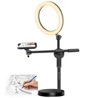 BROLAVIYA® Overhead Video Floor Stand with 10 Inch Ring Light, Metal Arm, 1/4" Ball Head for Camera, Webcam, Gopro with Mobile Bracket for YouTube, Desktop, Bedroom, Office