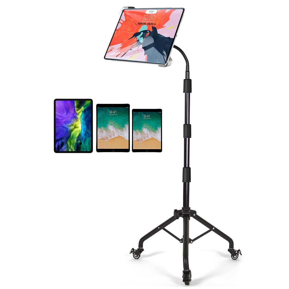 BROLAVIYA® Tablet Tripod Floor Stand with Wheels and Adjustable Gooseneck Mount for Home, Office, Stage for All 9.5~14.5 Diagonal inches Large Display Devices iPad, iPad Pro, Galaxy Tab, Surface Pro