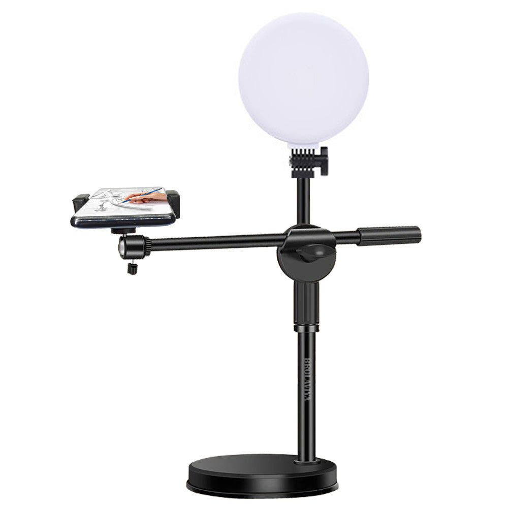 BROLAVIYA® LED 6 inch Fill Light Phone Overhead Stand for Video Recording | Adjustable Height & 360° Rotation | Mobile Holder with 3 Color Modes & 10 Brightness Levels | Desk Stand for Cooking, Live Streaming, Online Classes & Content Creation