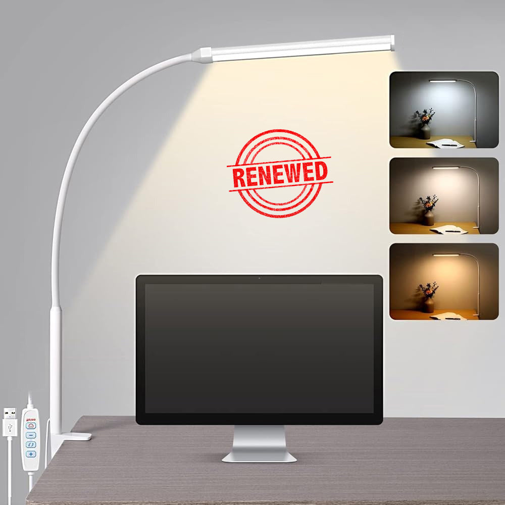 (Renewed) BROLAVIYA® Overhead Flexible LED Desk Lamp with Clamp, 3 Modes, 10 Brightness, Eye-Caring, Long Flexible Gooseneck, for Home, Office, Desktop, Bedroom, Reading, White