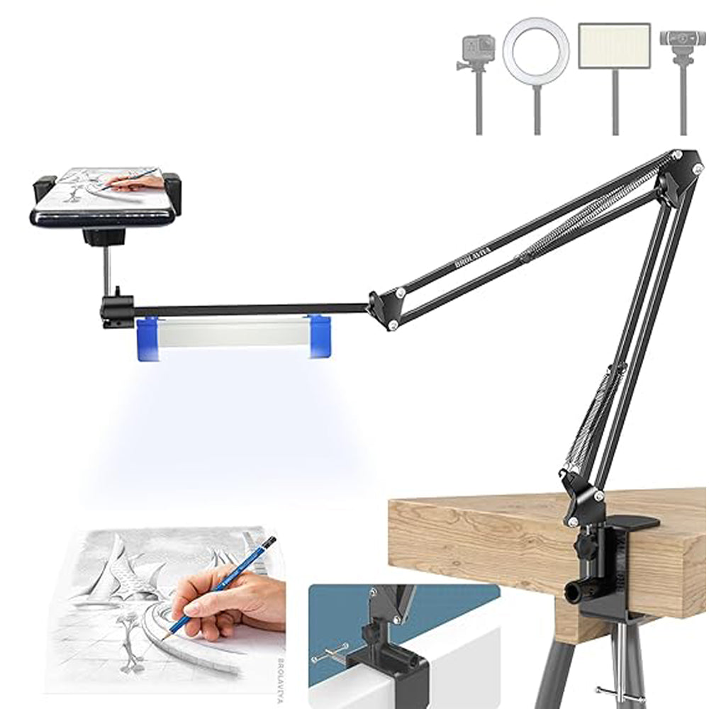 BROLAVIYA® Overhead Video Mobile Stand with 17cm Rechargeable LED Tube Light, New Extra-Long Arm, 1/4" Head, 2 Way Clip Clamp and Mobile Bracket for Desktop, Bedroom, Office, Black