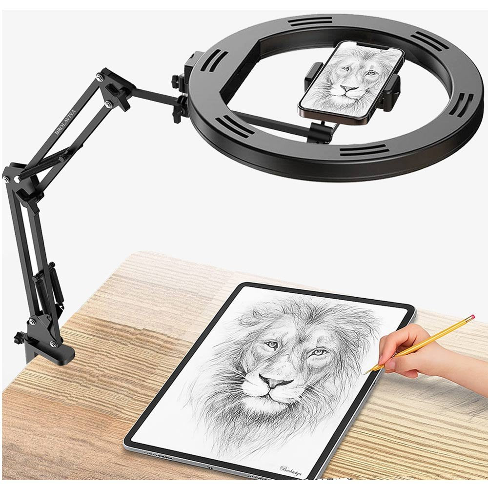 BROLAVIYA® No Shadow Overhead Video Mobile Stand with Extra Long Metal Arm, 12 Inch Large Selfie Rin