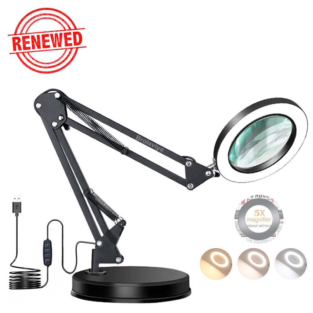 (Renewed) BROLAVIYA® Overhead Heavy Base 5X Magnifying Glass with LED Light and Stand, 3 Color Modes Dimmable, Flexible Metal Arm, Magnifier Desk Lamp for Crafts, Makeup, Reading, Photography – Black