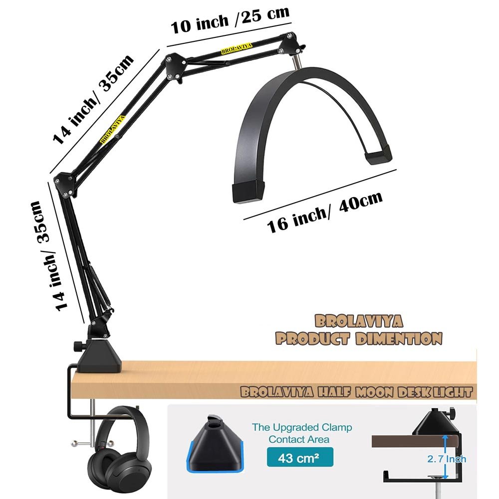 BROLAVIYA® 16 inch Half Moon Tabletop Lamp Light with 3 Axis Swing Metal Arm Stand, 3 Ligh - Image 7
