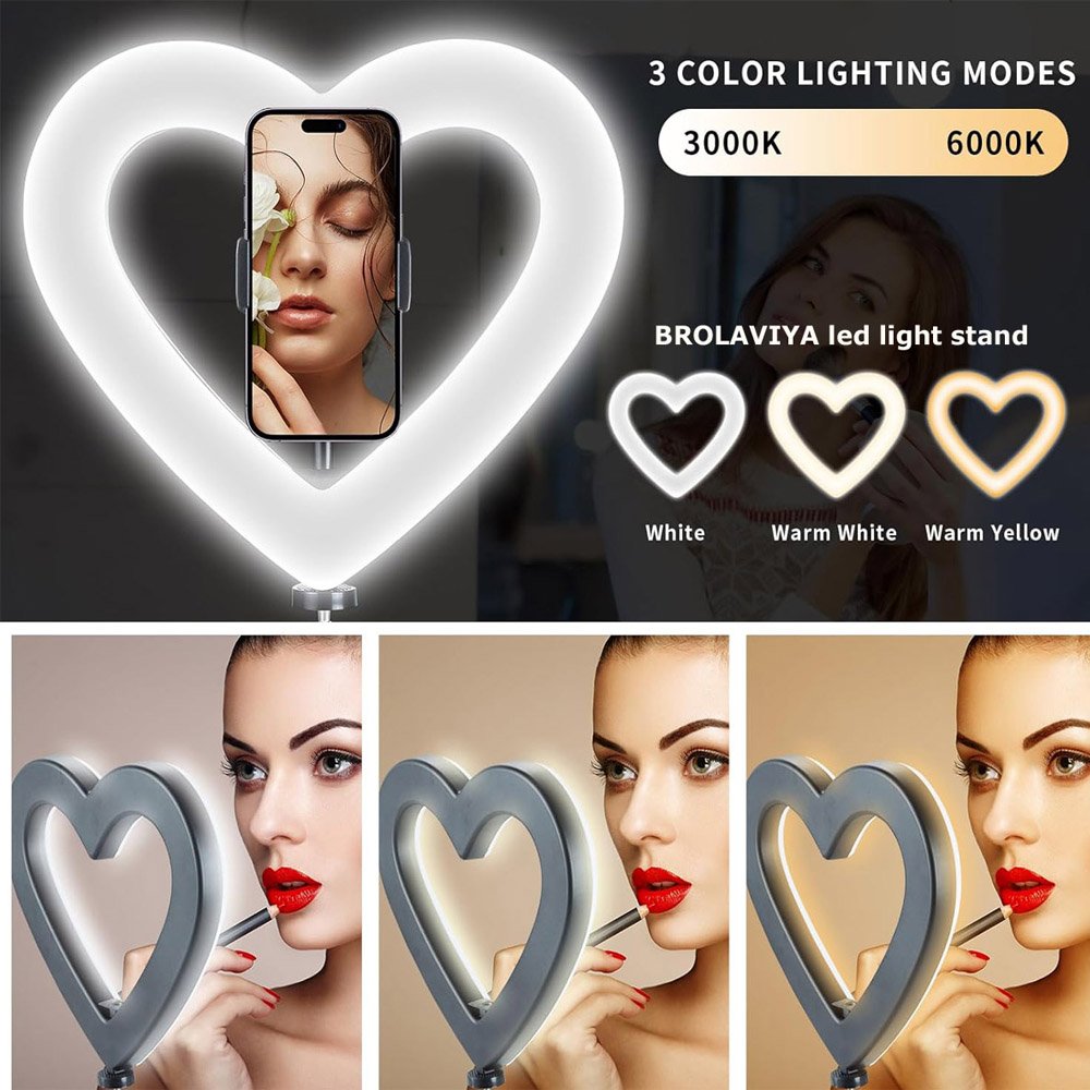 BROLAVIYA® Overhead Video Mobile Stand with Heart Shape 26cm Ring LED Light, Metal Arm, 1/ - Image 4