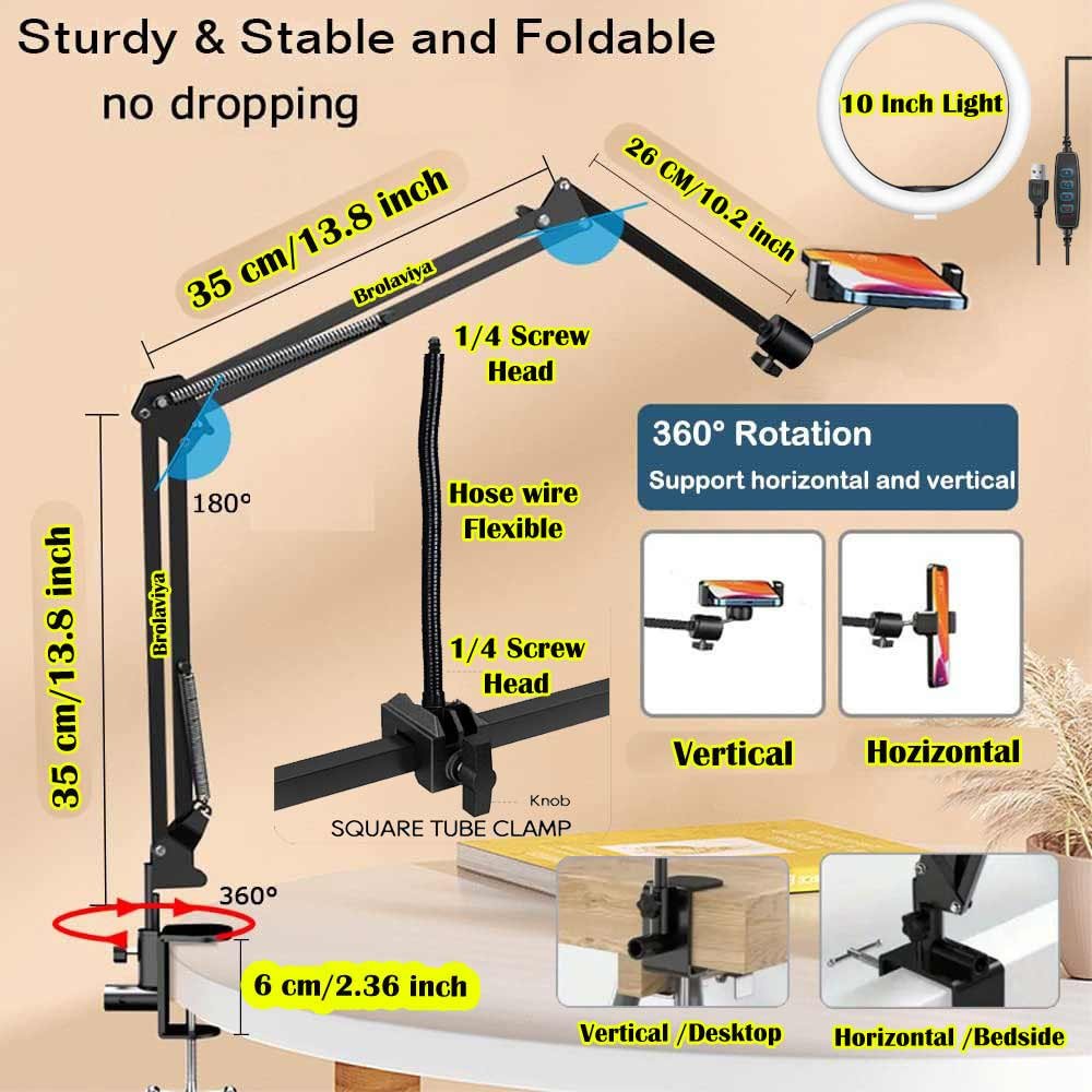 BROLAVIYA® No Shadow Overhead Video Mobile Stand, Extra Long Metal Arm, 10 inch Selfie Rin - Image 6