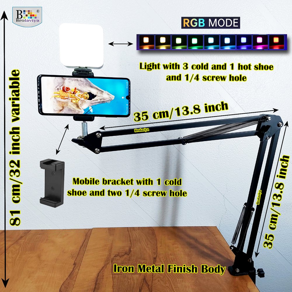 BROLAVIYA® Overhead Video Mobile Stand with Rechargeble RGB LED Video Light, Metal Long Ar - Image 2