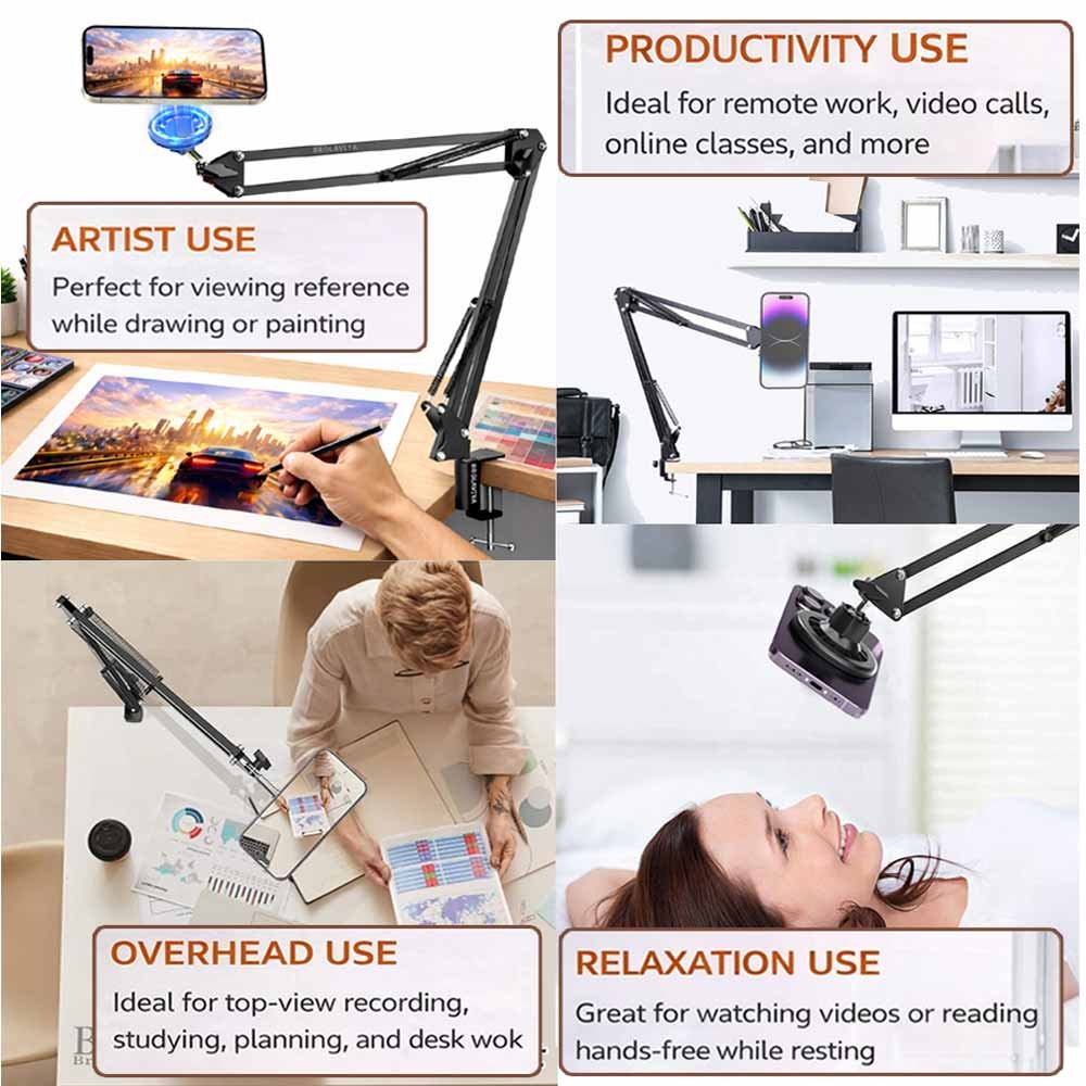 BROLAVIYA® Ovehead Magnetic Phone Holder with Adjustable Clamp Arm | Hands-Free Bed, Desk  - Image 2