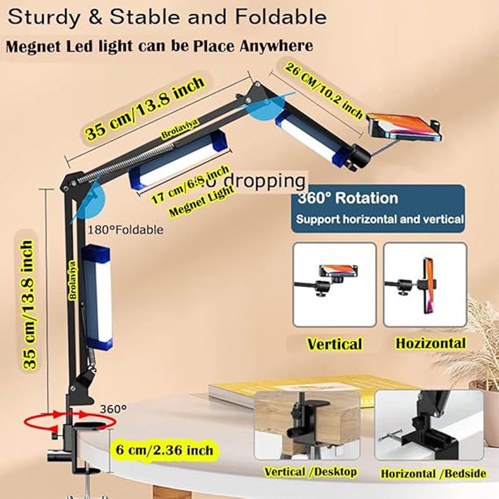 BROLAVIYA® Overhead Video Mobile Stand with 17cm Rechargeable LED Tube Light, New Extra-Lo - Image 2