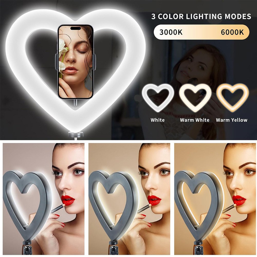 BROLAVIYA® Heart-Shaped LED 26cm Ring Light Dimmable Cold Warm Makeup Photography Video Li - Image 2