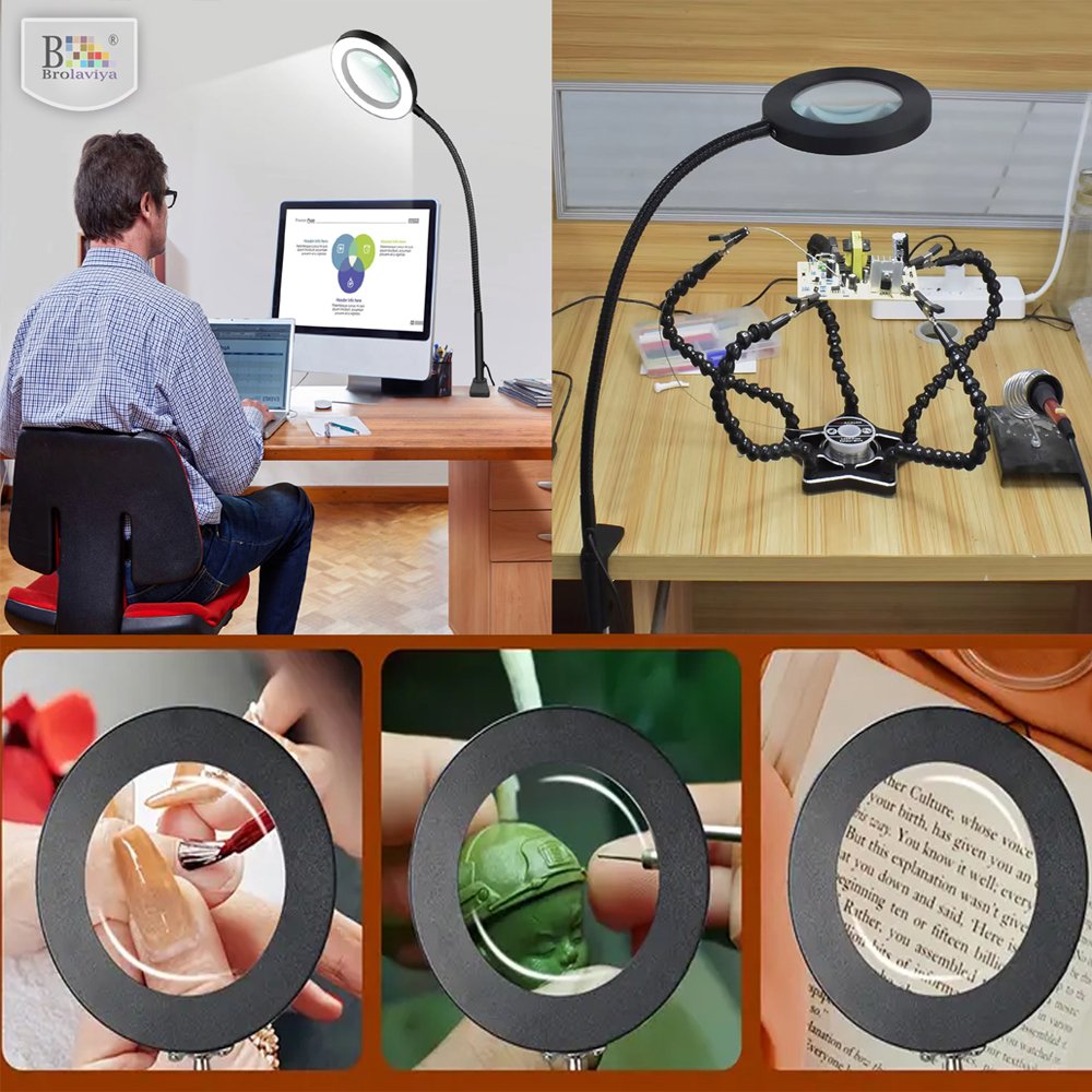 BROLAVIYA® Overhead 5X Magnifying Glass with LED Light and Stand, 3 Color Modes Dimmable,  - Image 2