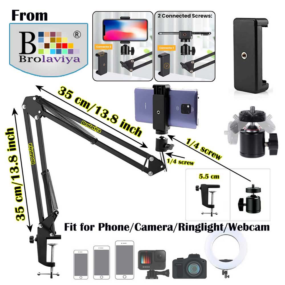 (Renewed) BROLAVIYA® Overhead Mobile Video Stand, Metal Long Arm, 1/4" Ball Head Male For Camera, Gopro Webcams, Mobile Holder