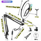 (Renewed) BROLAVIYA® Overhead Video Mobile Stand with 10 Inch Ring Light, Metal Arm, 1/4" Male Adaptor